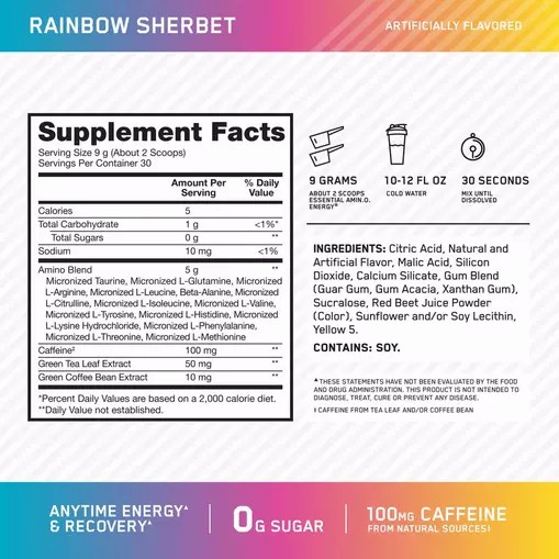 Optimum Nutrition ESSENTIAL AMIN.O. ENERGY® *new* Rainbow Sherbet - Notify Me 0.6 lb - Notify me Romania | 7935-ASCZR