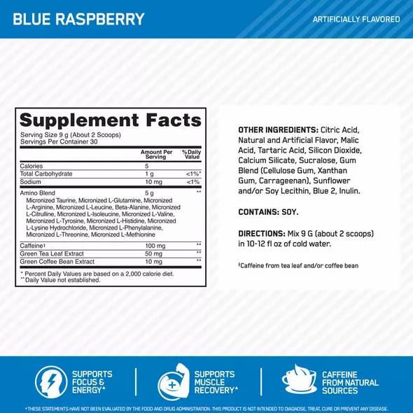 Optimum Nutrition ESSENTIAL AMIN.O. ENERGY® Blue Raspberry 0.6 lb (30 Servings) Romania | 9310-KFOIZ