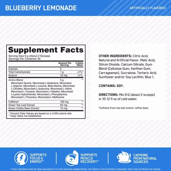 Optimum Nutrition ESSENTIAL AMIN.O. ENERGY® Blueberry Lemonade 0.6 lb (30 Servings) Romania | 7623-MLJWB