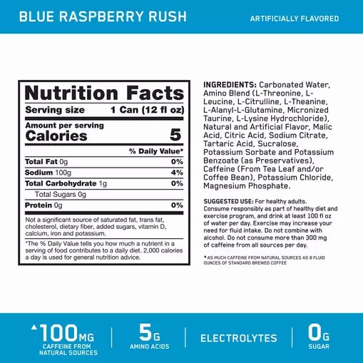 Optimum Nutrition ESSENTIAL AMIN.O. ENERGY+ Electrolytes Sparkling *new* Blue Raspberry Rush 355ml * 12 Cans (12 Servings) Romania | 6843-EKNQZ