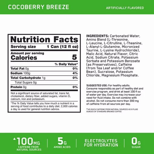 Optimum Nutrition ESSENTIAL AMIN.O. ENERGY+ Electrolytes Sparkling *new* Cocoberry Breeze 355ml * 12 Cans (12 Servings) Romania | 0481-ITDFH