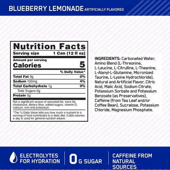 Optimum Nutrition ESSENTIAL AMIN.O. ENERGY+ Electrolytes Sparkling Blueberry Lemonade 355ml * 12 Cans (12 Servings) Romania | 5694-APLFN