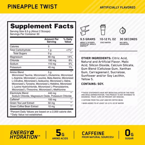 Optimum Nutrition Essential AMIN.O. ENERGY + Electrolytes Pineapple Twist 0.63 lb (30 Servings) Romania | 5164-VBXJK