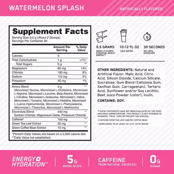 Optimum Nutrition Essential AMIN.O. ENERGY + Electrolytes Watermelon Splash 0.63 lb (30 Servings) Romania | 9015-AUHCX