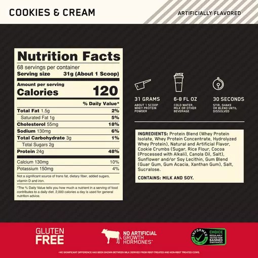 Optimum Nutrition GOLD STANDARD 100% WHEY™ Cookies & Cream 5 lb (68 Servings) Romania | 2157-FGXMT