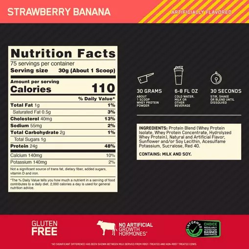 Optimum Nutrition GOLD STANDARD 100% WHEY™ Strawberry Banana 5 lb (75 Servings) Romania | 4095-TRWZB