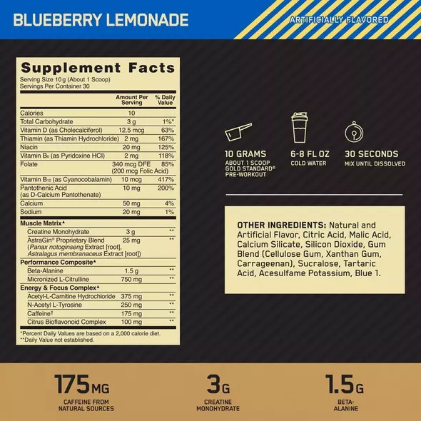 Optimum Nutrition GOLD STANDARD® Pre-Workout Blueberry Lemonade 0.66 lb (30 Servings) Romania | 4896-XKHGD