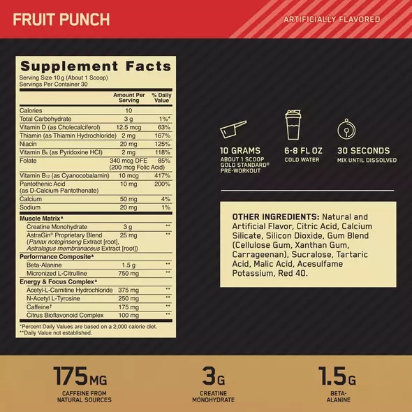 Optimum Nutrition GOLD STANDARD® Pre-Workout Fruit Punch 0.66 lb (30 Servings) Romania | 3204-TXJUN