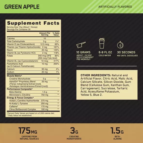 Optimum Nutrition GOLD STANDARD® Pre-Workout Green Apple 0.66 lb (30 Servings) Romania | 9645-GQKXH