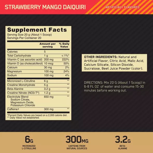 Optimum Nutrition GOLD STANDARD® Pre Advanced Strawberry Mango Daiquiri 0.88 lb (20 Servings) Romania | 2395-THDUP