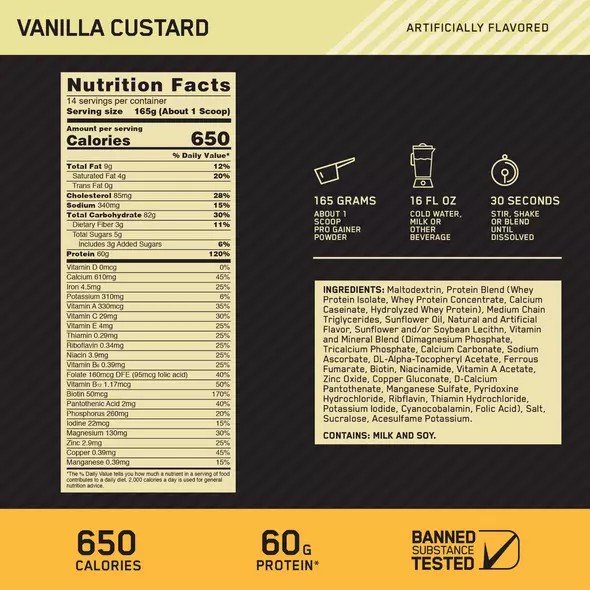 Optimum Nutrition GOLD STANDARD® Pro Gainer Vanilla Custard 5.09 lb (14 Servings) Romania | 9658-JQEBF