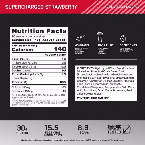 Optimum Nutrition PLATINUM HYDROWHEY™ Supercharged Strawberry 1.76 lb (20 Servings) Romania | 5016-SHEYR