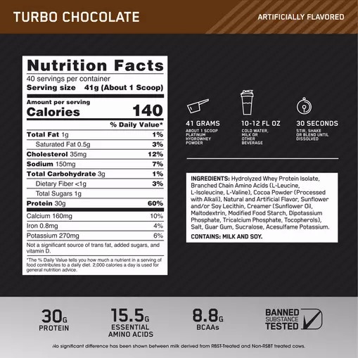 Optimum Nutrition PLATINUM HYDROWHEY™ Turbo Chocolate 3.61 lb (40 Servings) Romania | 3692-SEQBG