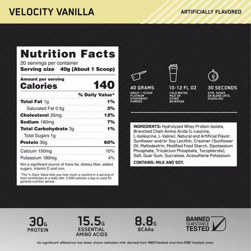 Optimum Nutrition PLATINUM HYDROWHEY™ Velocity Vanilla 1.76 lb (20 Servings) Romania | 1287-PZTGK