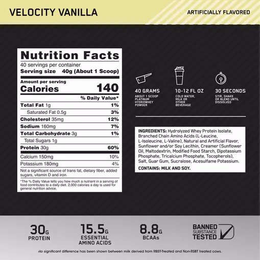 Optimum Nutrition PLATINUM HYDROWHEY™ Velocity Vanilla 3.52 lb (40 Servings) Romania | 2413-TSCEV