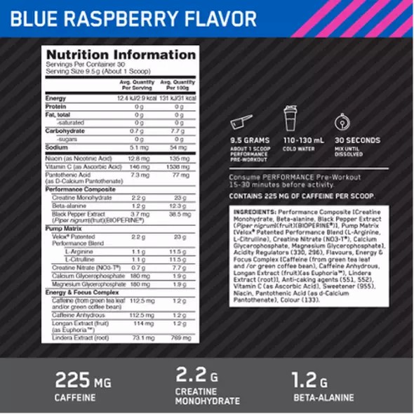 Optimum Nutrition Performance Pre-Workout Blue Raspberry 285g Romania | 5269-IZGUH