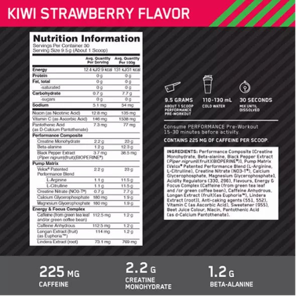 Optimum Nutrition Performance Pre-Workout Kiwi Strawberry 285g Romania | 3417-JRSNE