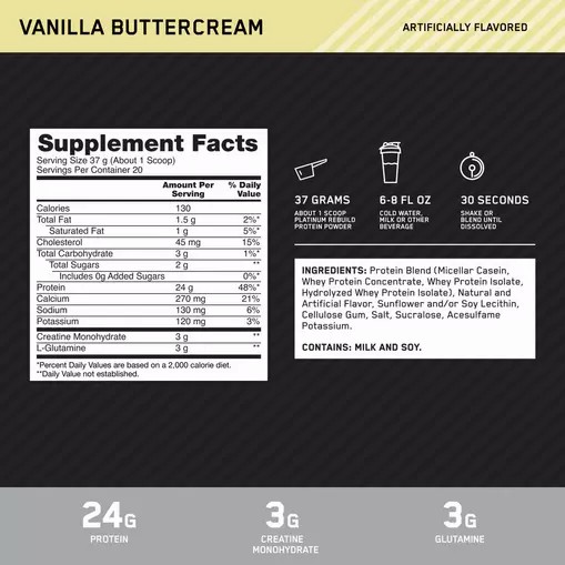 Optimum Nutrition Platinum Rebuild Vanilla Buttercream 1.63 lb (20 Servings) Romania | 4721-FRCEK