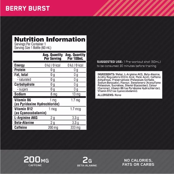 Optimum Nutrition Pure Pre 200 Pre-Workout Shot Berry 60ml (12 shots) Romania | 1983-ULSBY