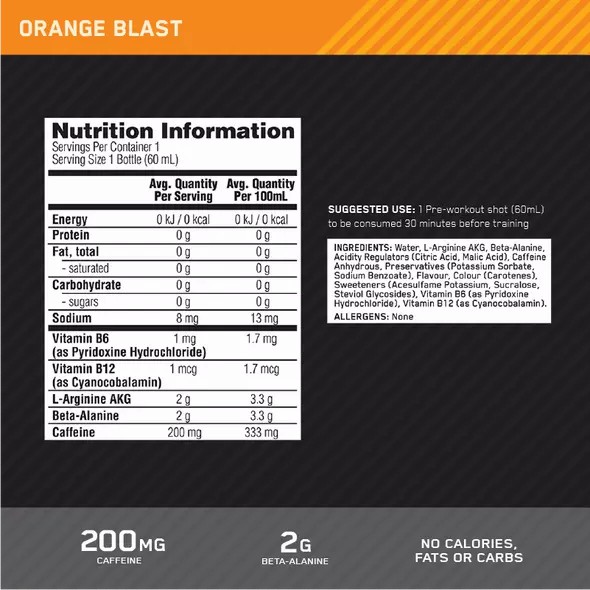 Optimum Nutrition Pure Pre 200 Pre-Workout Shot Orange 60ml (12 shots) Romania | 2968-IXJVU