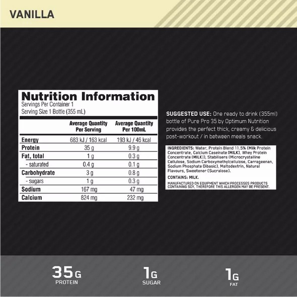 Optimum Nutrition Pure Pro 35 Vanilla 355ml (6 bottles) Romania | 0875-BNLUR