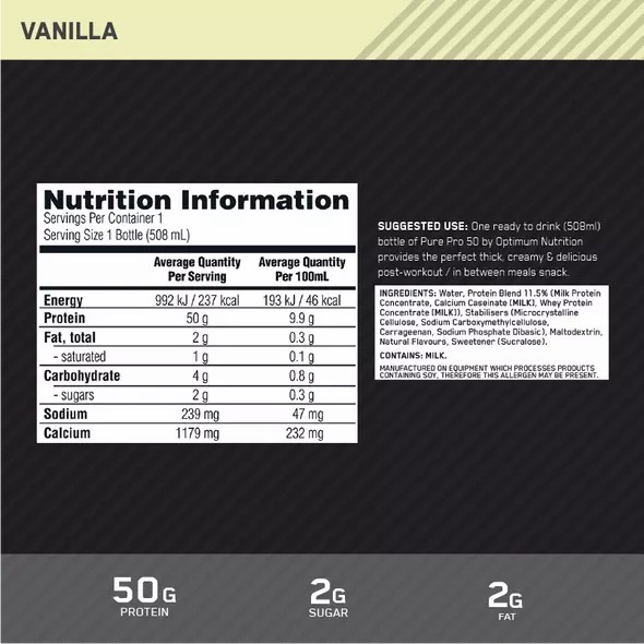 Optimum Nutrition Pure Pro 50 Vanilla 508ml (12 bottles) Romania | 6925-MUNFA